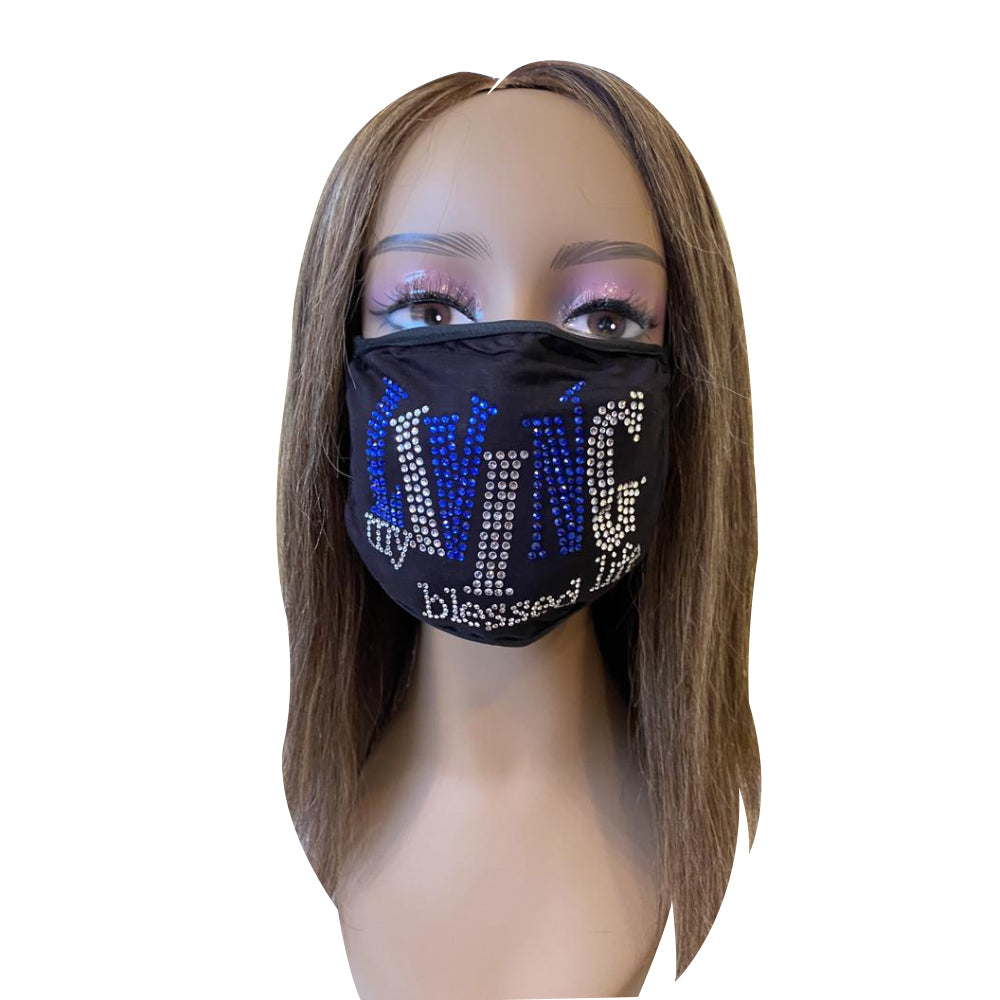Living My Blessed Life Rhinestone Bling Face Mask Blue