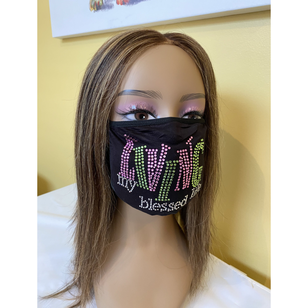 Living My Blessed Life Rhinestone Bling Face Mask Pink  | Simply For Us
