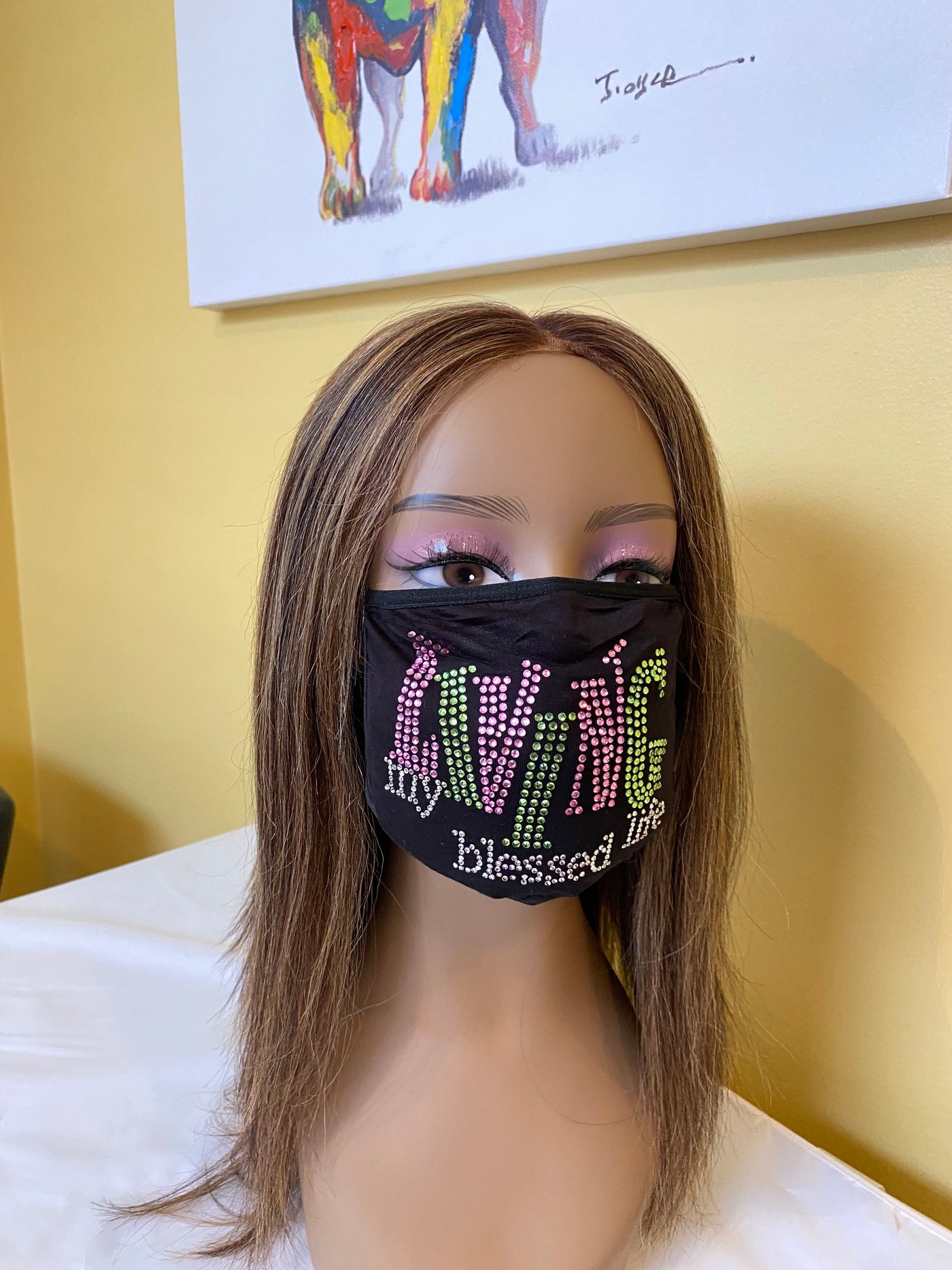 Living My Blessed Life Rhinestone Bling Face Mask Pink