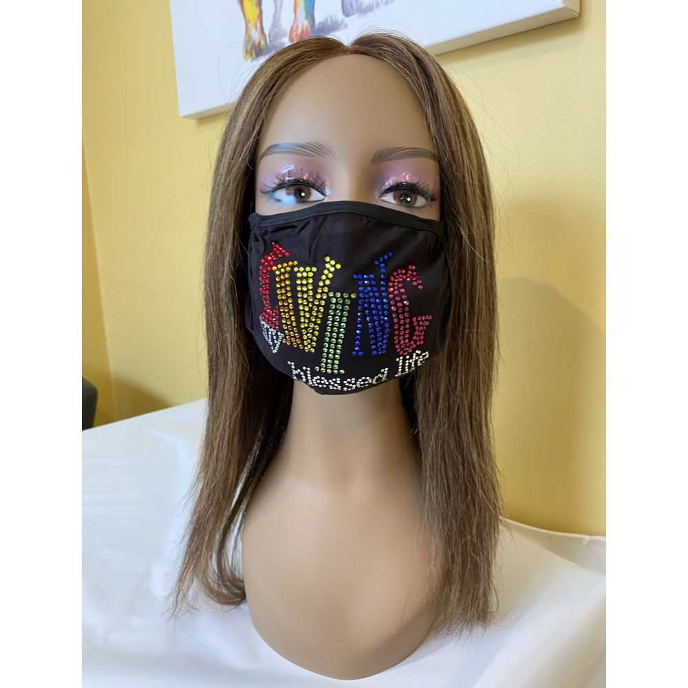 Living My Blessed Life Rhinestone Bling Face Mask Rainbow | Simply For Us
