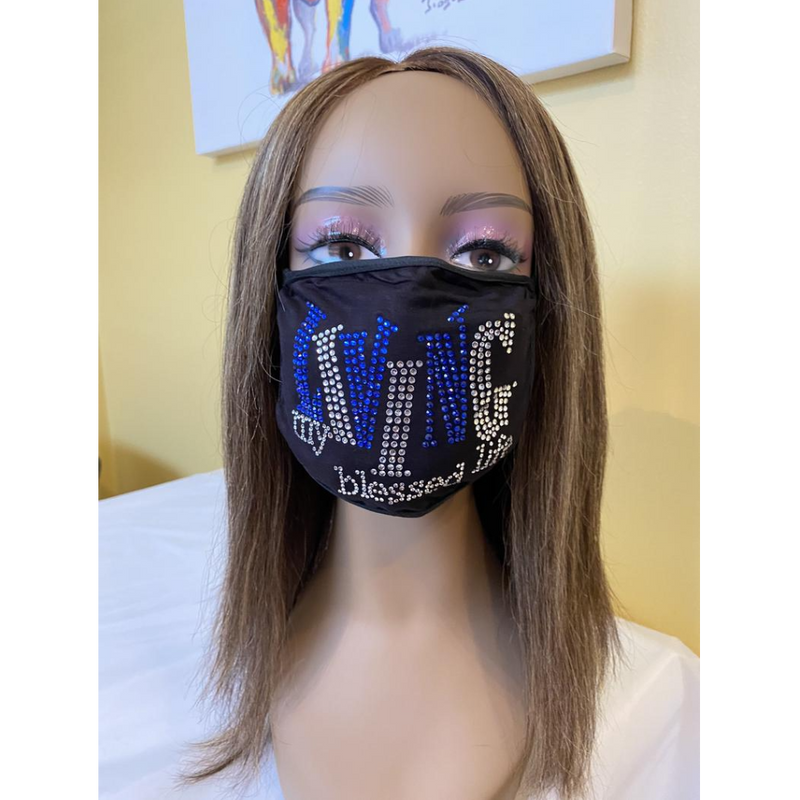 Living My Blessed Life Rhinestone Bling Face Mask Blue | Simply For Us