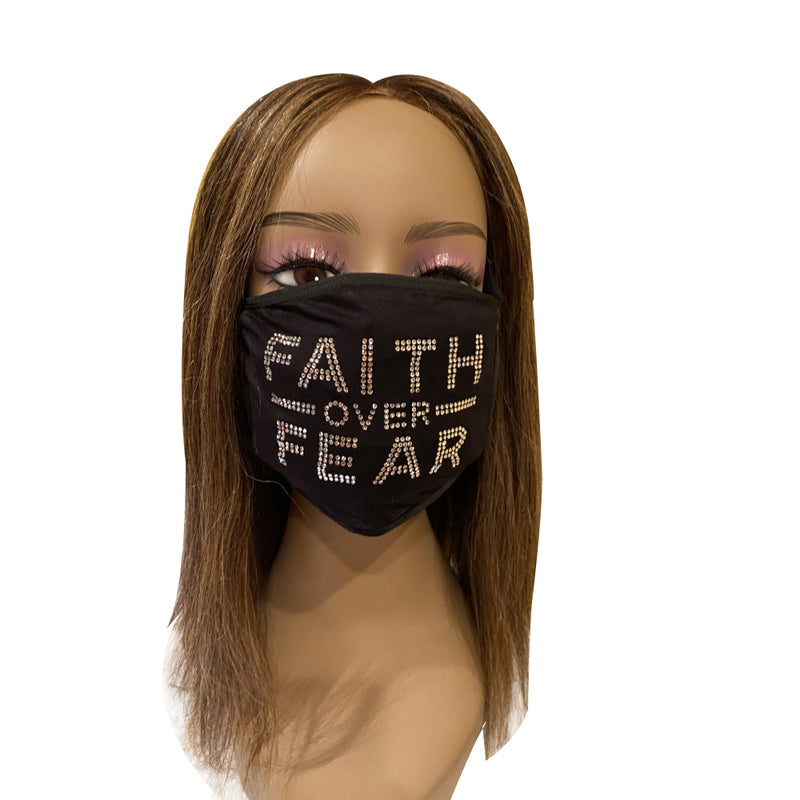 Christian Faith Over Fear Rhinestone Bling Face Mask Clear Crystal