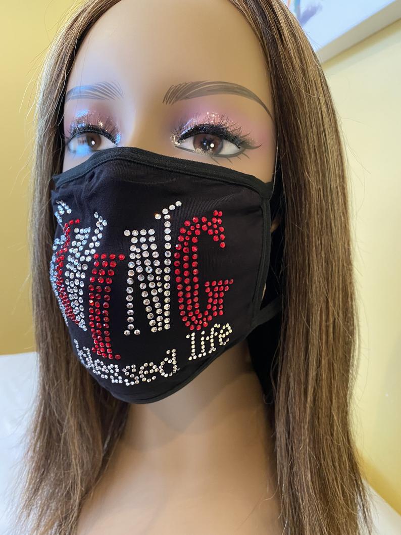 Living My Blessed Life Rhinestone Bling Face Mask Red | Simply For Us