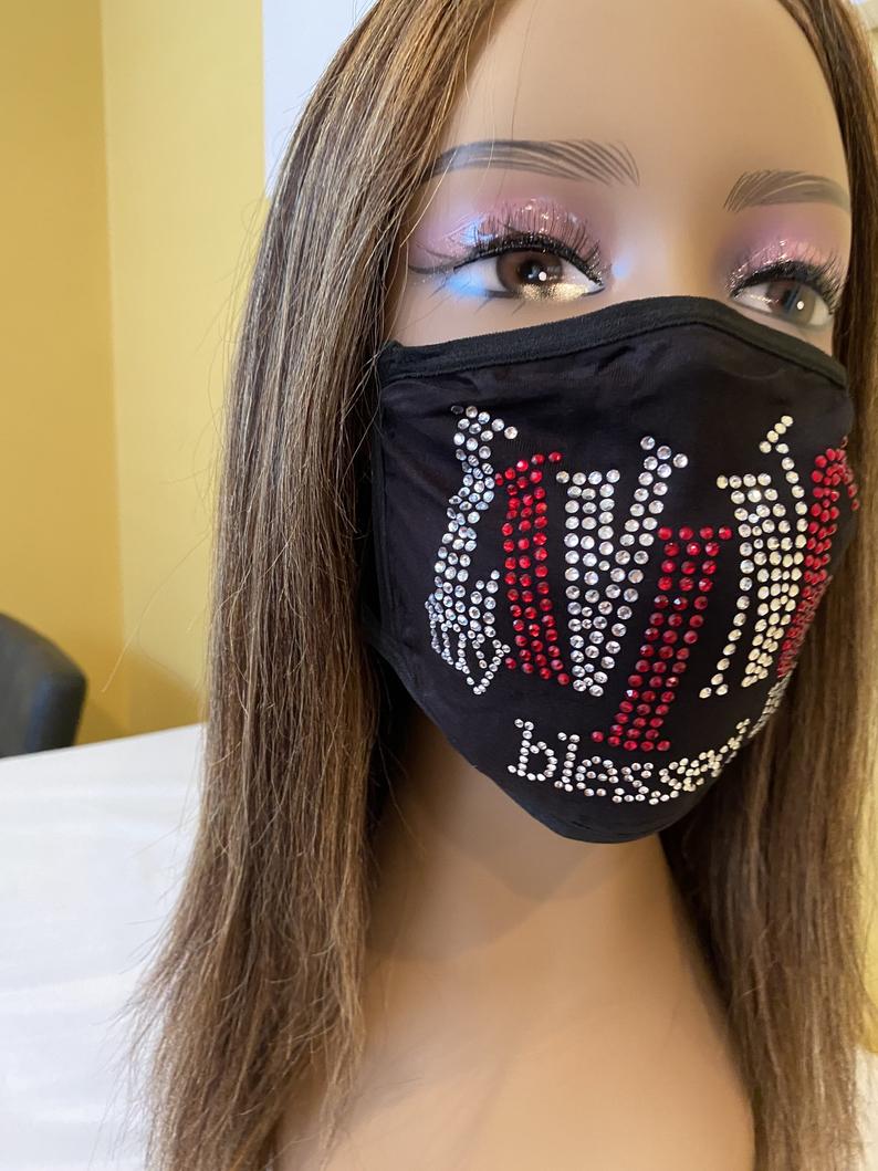 Living My Blessed Life Rhinestone Bling Face Mask Red | Simply For Us