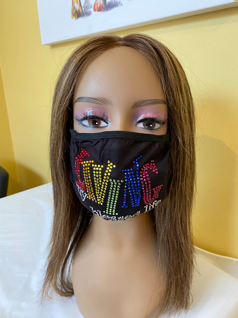 Living My Blessed Life Rhinestone Bling Face Mask Rainbow | Simply For Us