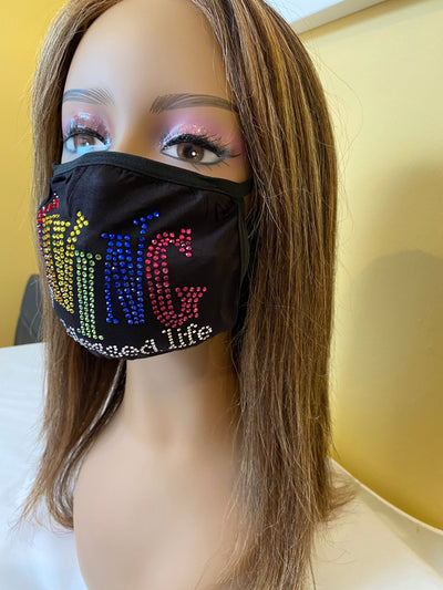Living My Blessed Life Rhinestone Bling Face Mask Rainbow