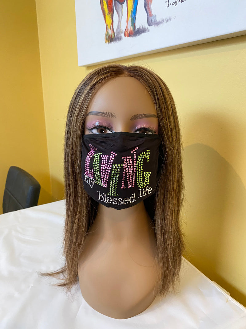 Living My Blessed Life Rhinestone Bling Face Mask Pink  | Simply For Us
