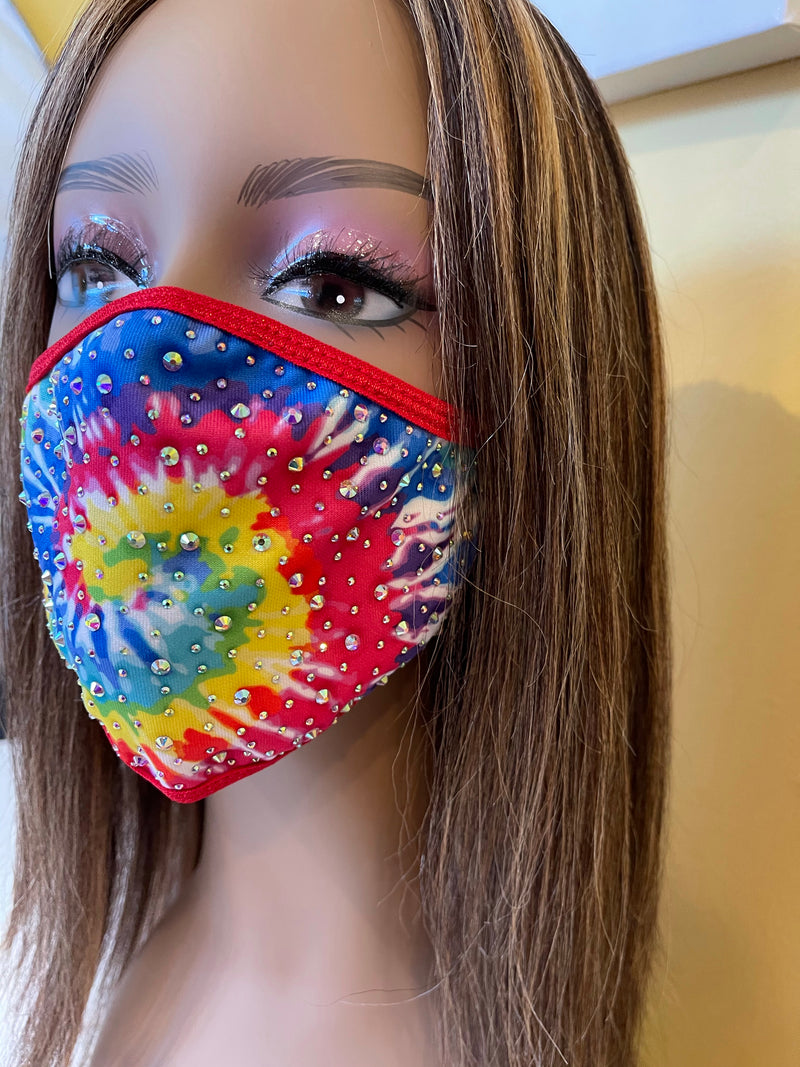 New Tie Dye AB Crystal Bling Face Mask Red