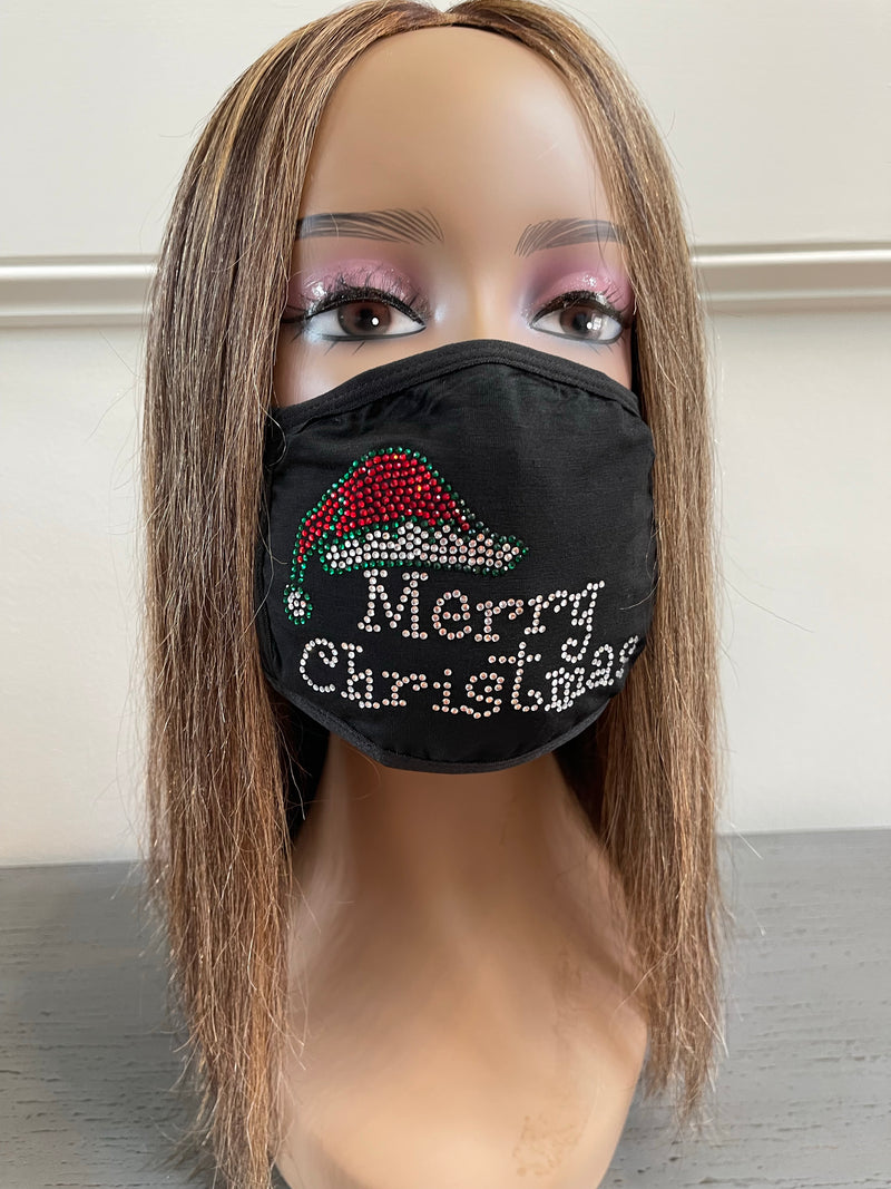 Christmas Face Mask Bling Merry Christmas With Santa Hat Rhinestone
