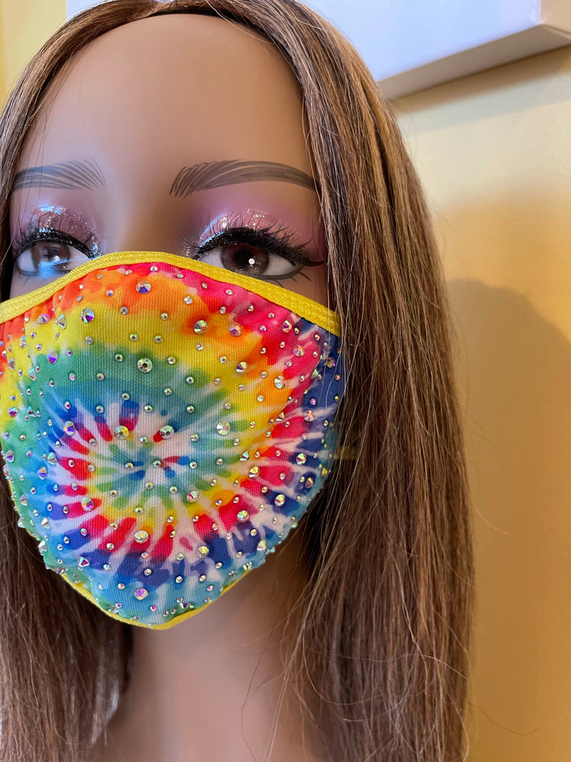 New Tie Dye AB Crystal Bling Face Mask Yellow