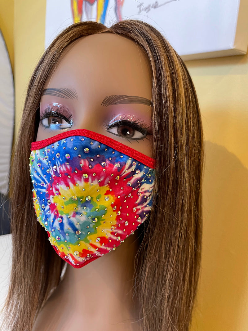 New Tie Dye AB Crystal Bling Face Mask Red