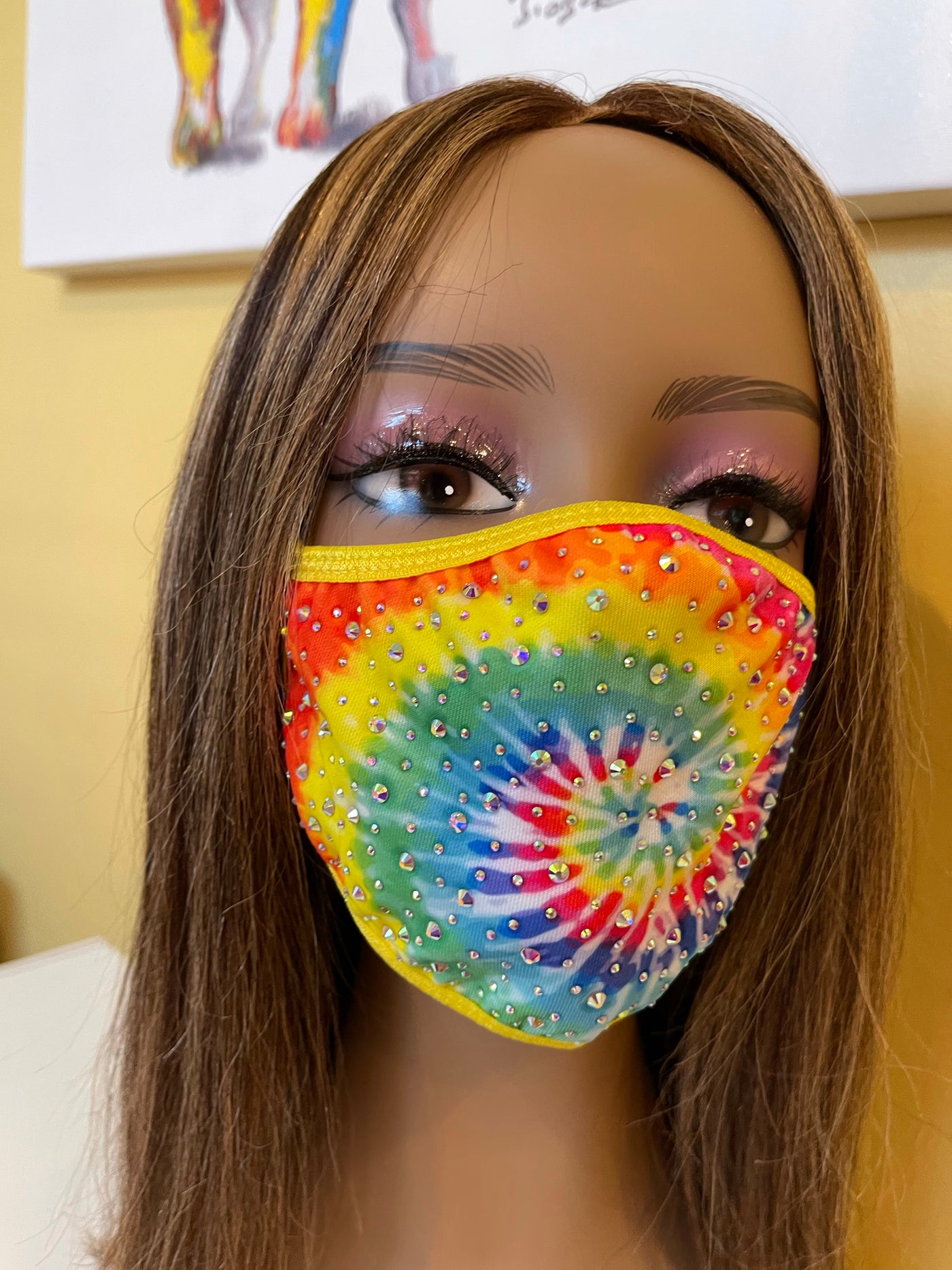 New Tie Dye AB Crystal Bling Face Mask Yellow
