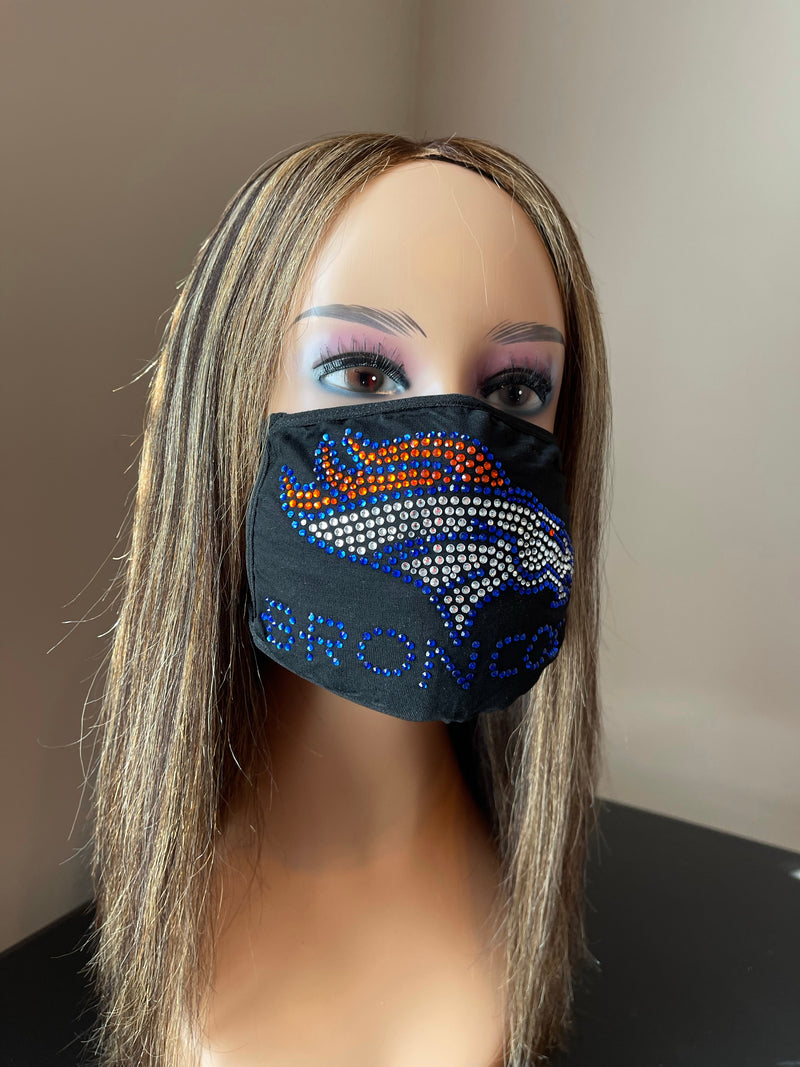 Denver Broncos Bling Rhinestone Face Mask Front Logo Blue Letters