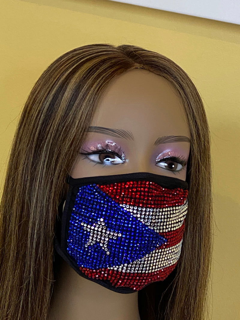 Puerto Rican Flag Bling Face Mask