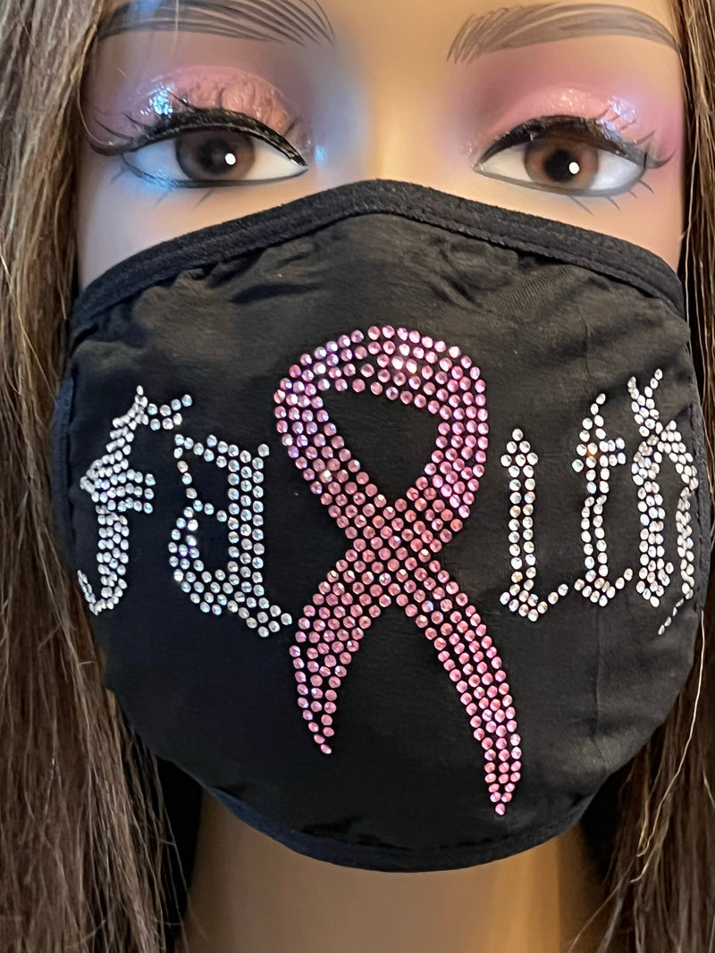 Breast Cancer Awareness Pink Ribbon Bling Face Mask Rhinestone