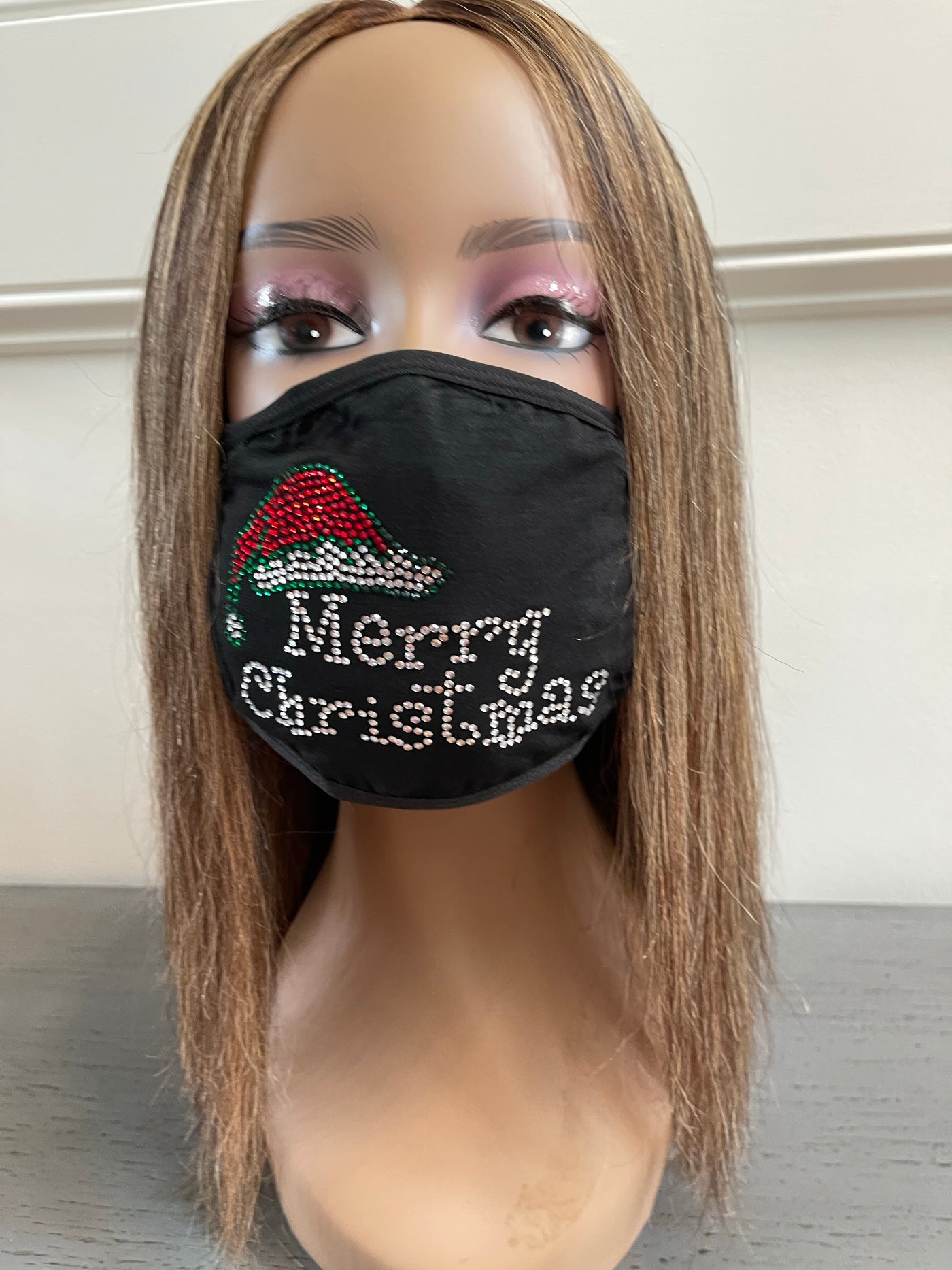 Christmas Face Mask Bling Merry Christmas With Santa Hat Rhinestone
